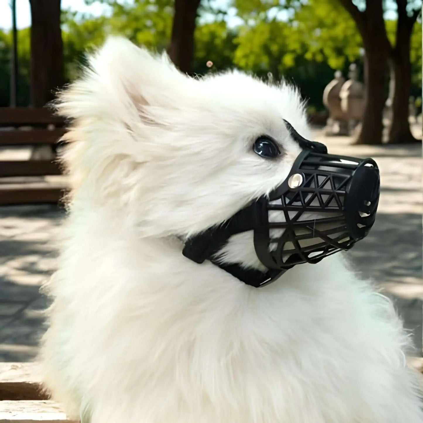 Un spitz japonais au parc avec sa muselière pour chien noir.