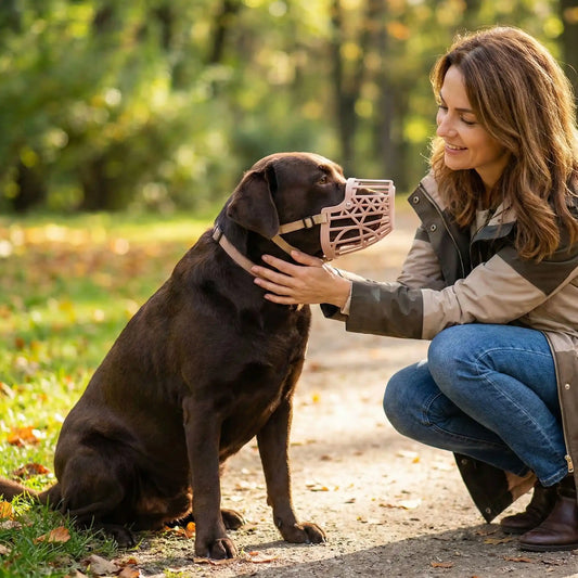Une femme met en place la muselière pour chien couleur rose à son labrador.