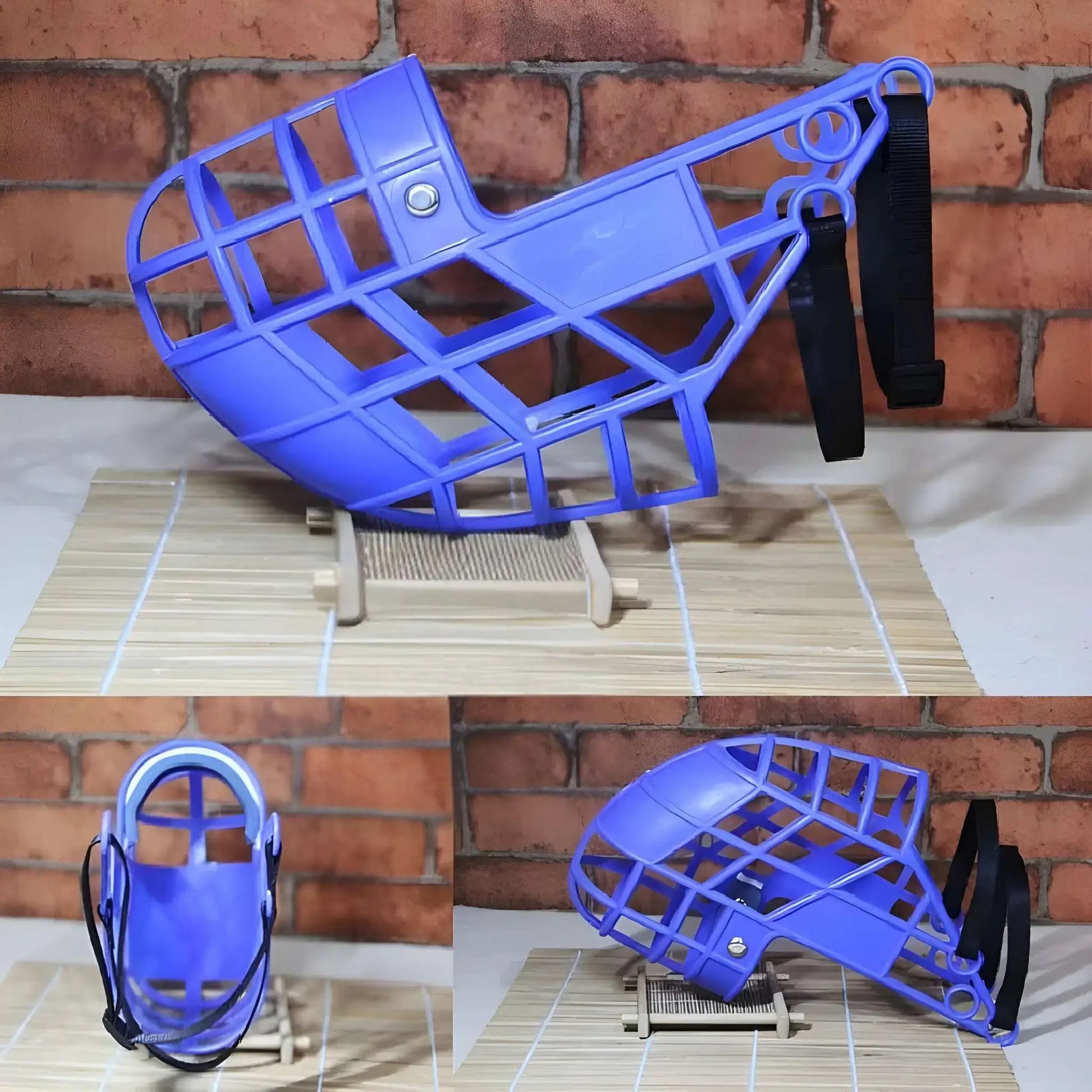 Vue de plusieurs angles, une muselière pour chien de couleur bleue sur une table.