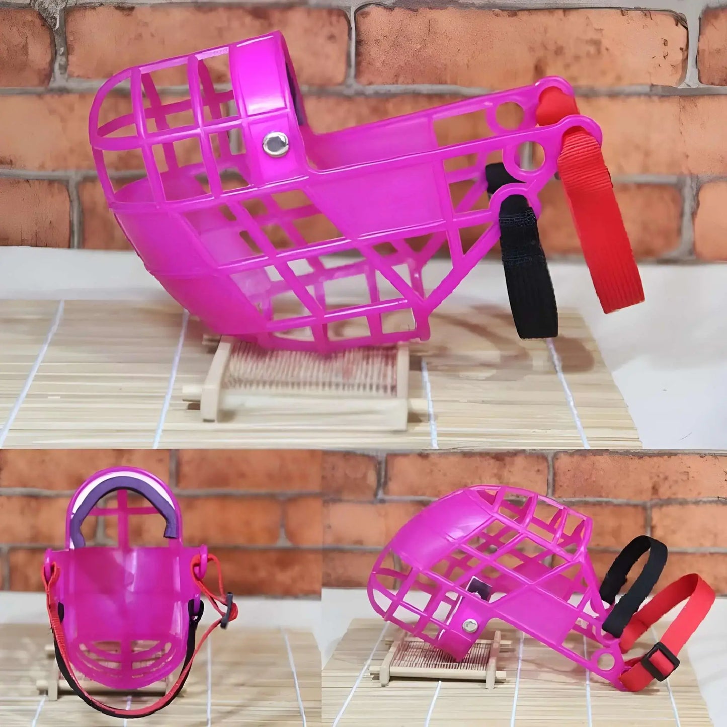 Vue de plusieurs angles, une muselière pour chien de couleur rose sur une table.