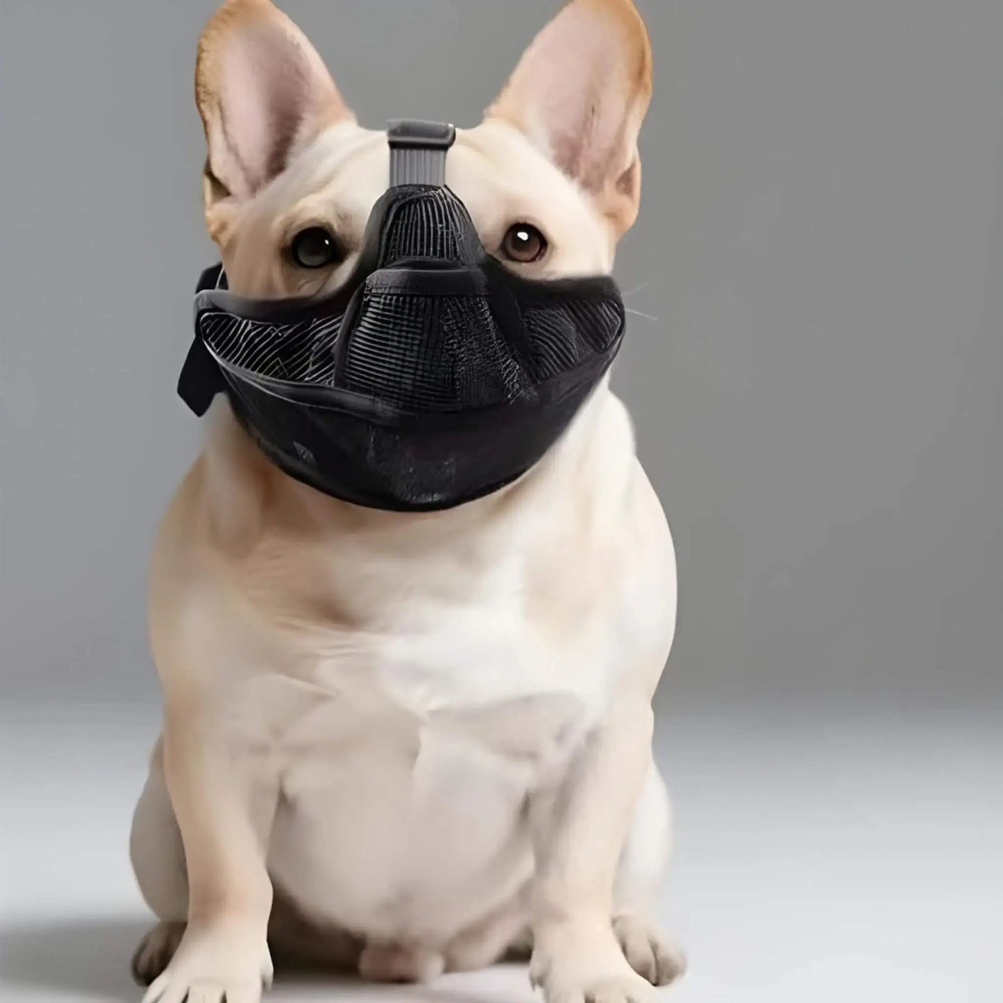 Un bouledogue français vêtu d'une muselière pour bouledogue français noir. 