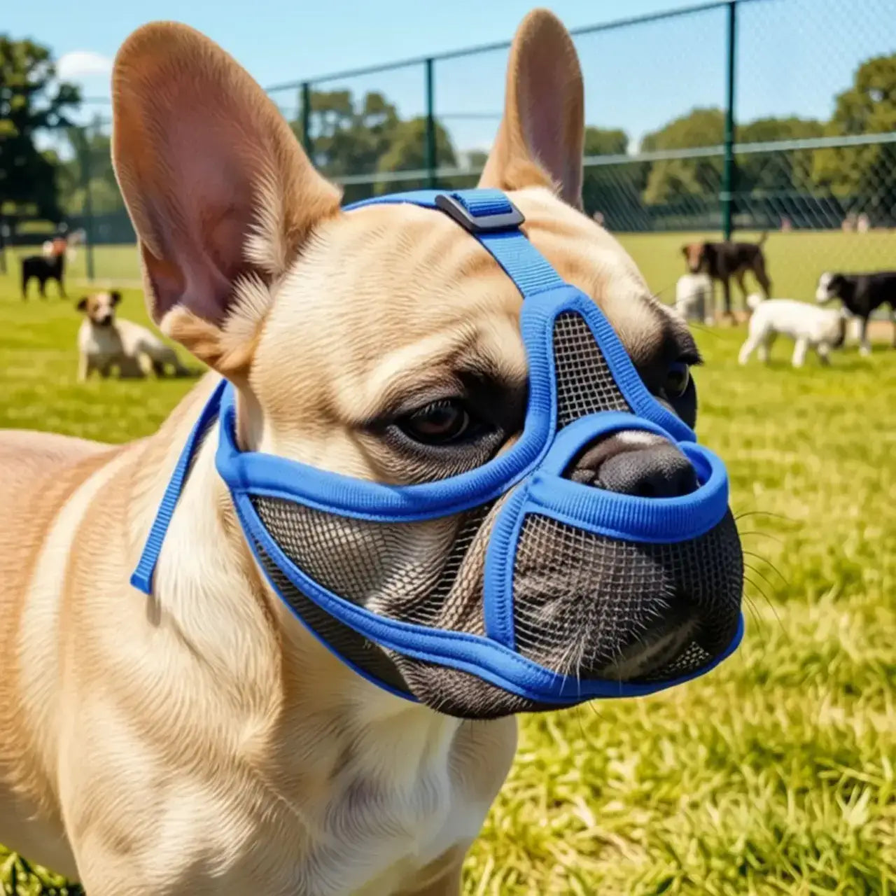 Un bouledogue avec une muselière pour bouledogue français bleu dans un parc à chiens.