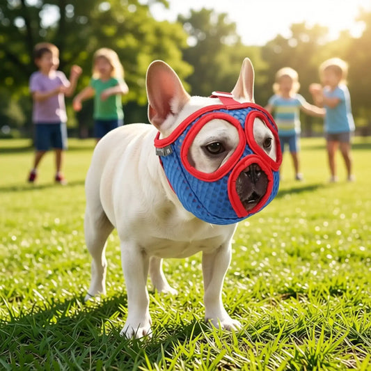 Un bouledogue français avec des enfants dans un parc est vêtu d'une muselière pour bouledogue français bleu et rouge.