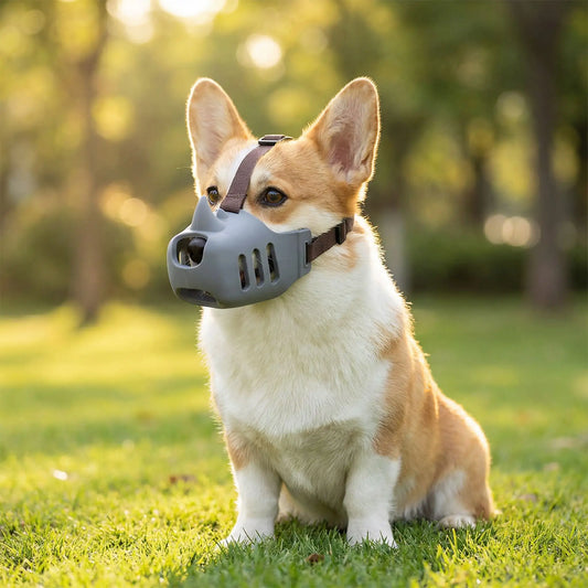 Un corgi assis sur la pelouse dans un parc porte une muselière pour chien grise.