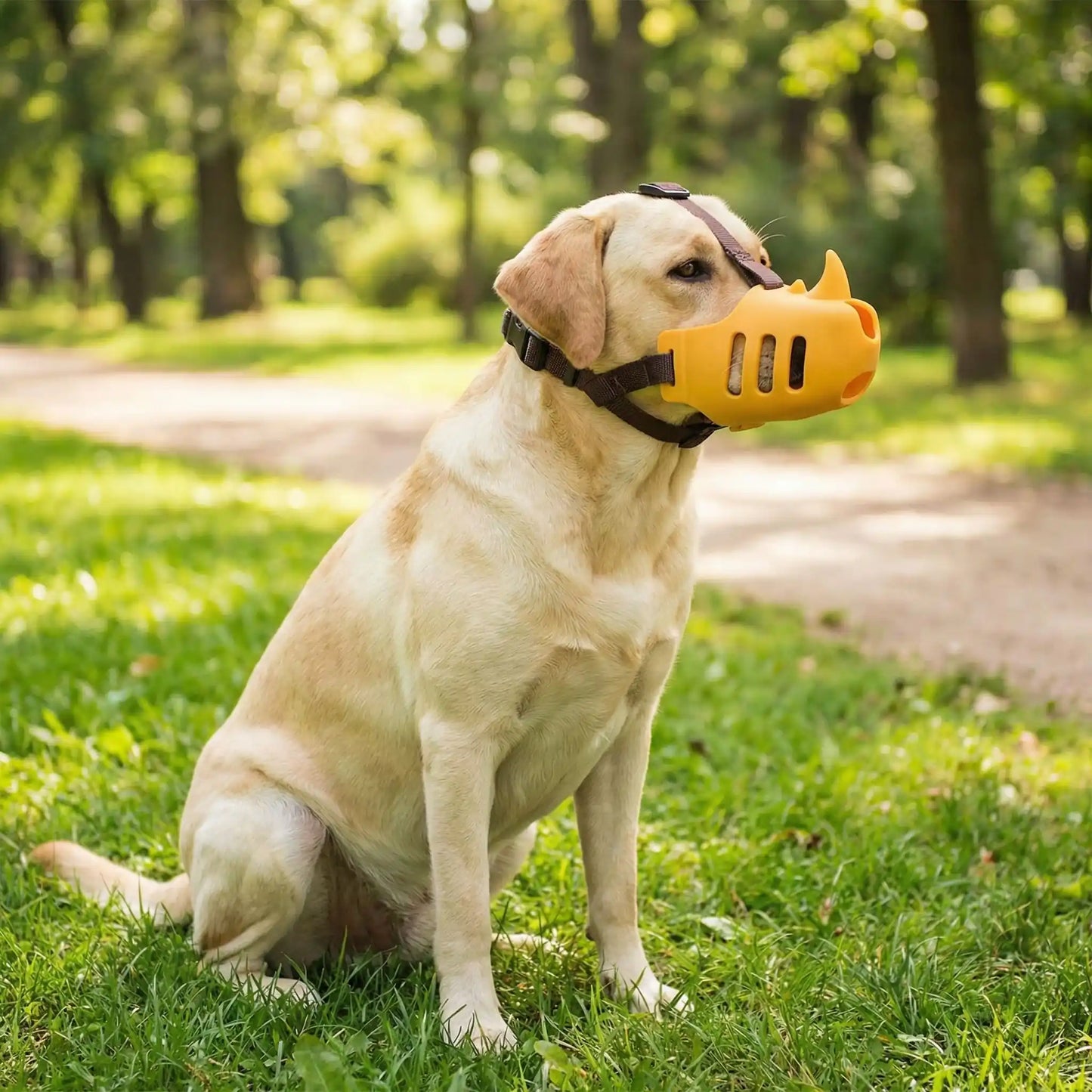 Un labrador assis sur la pelouse dans un parc porte une muselière pour chien jaune.