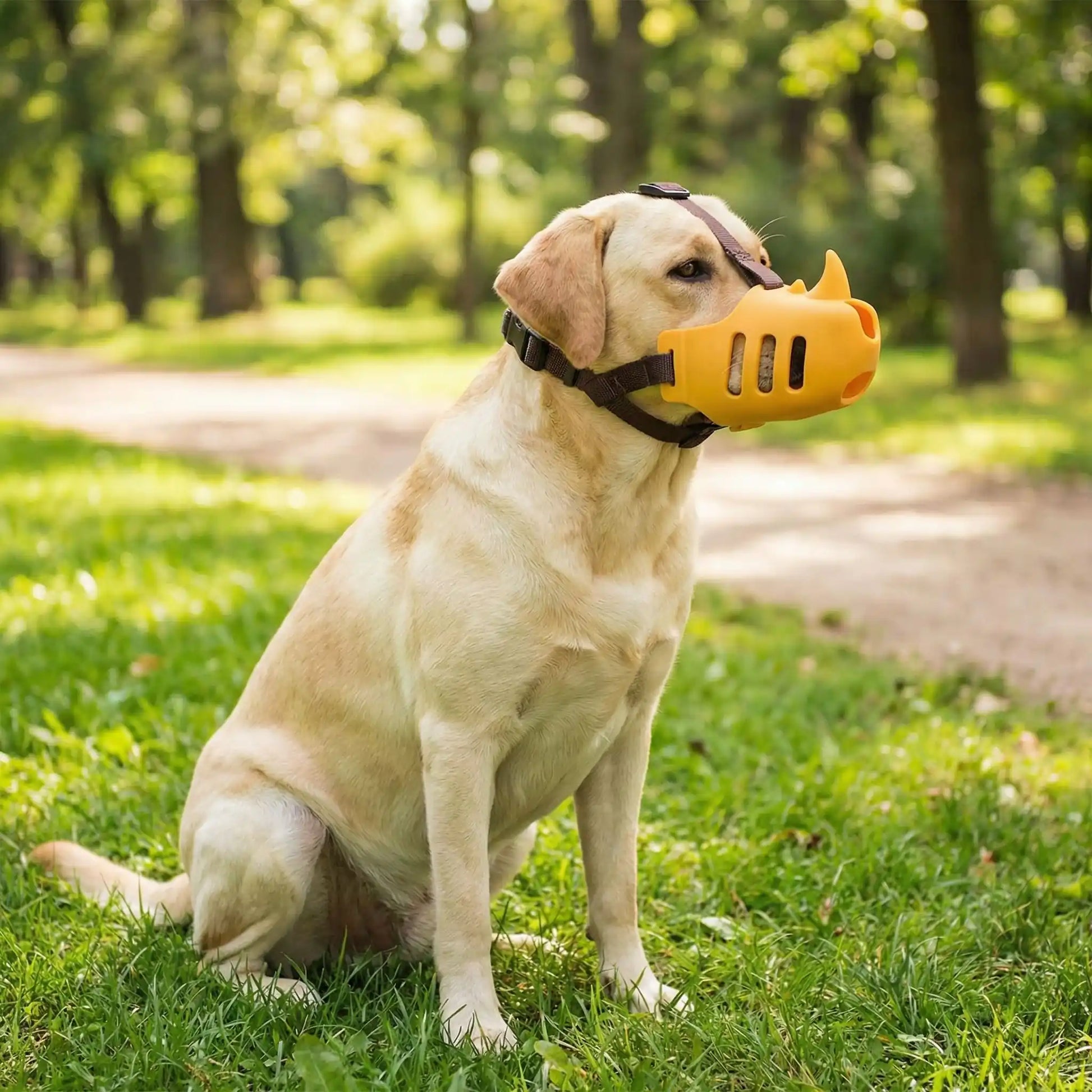 Un labrador assis sur la pelouse dans un parc porte une muselière pour chien jaune.