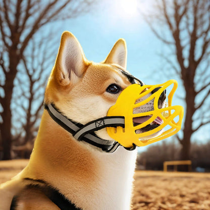 Un Nakita vu de côté avec une muselière pour chien jaune dans un parc un jour ensoleillé