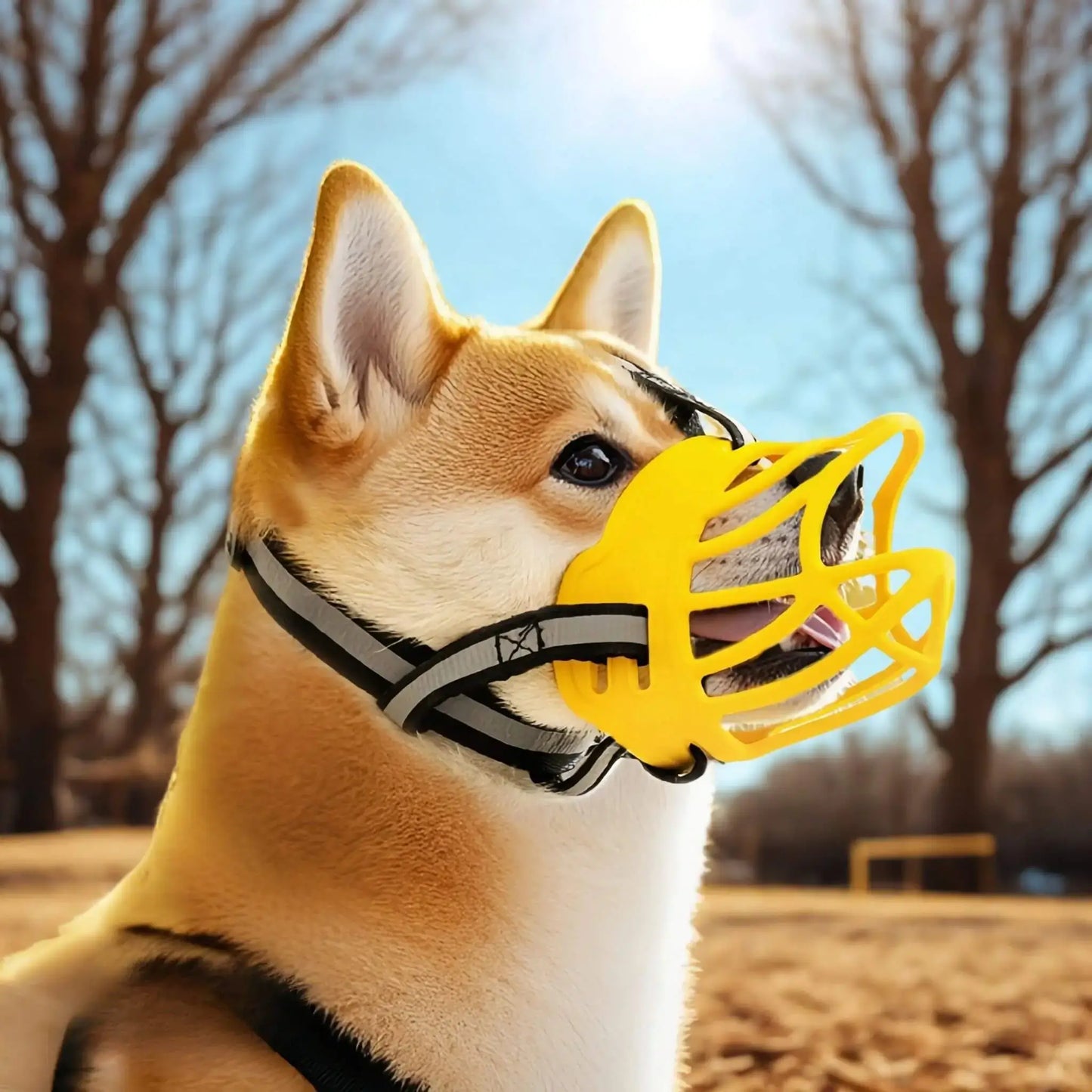 Un shiba inu avec une muselière pour chien jaune dans un parc  un jour ensoleillé.