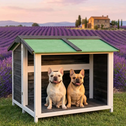 Deux bouledogues français sur le balcon de leur niche pour chien en bois près d'un champ de lavande.