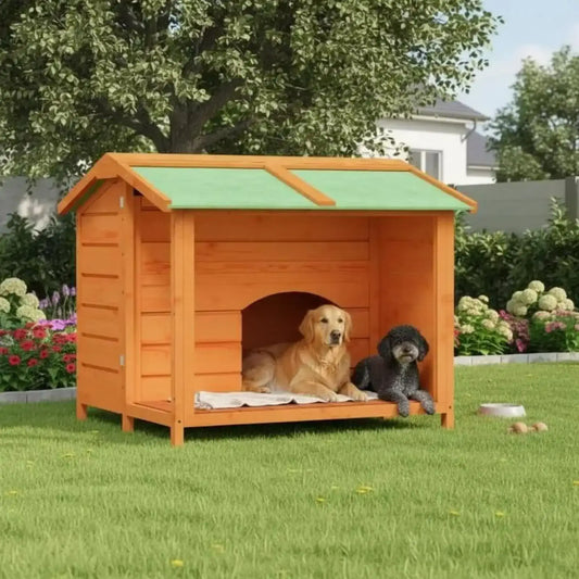 Deux chiens allongés dans la niche pour chien en bois dans une arrière-cour.