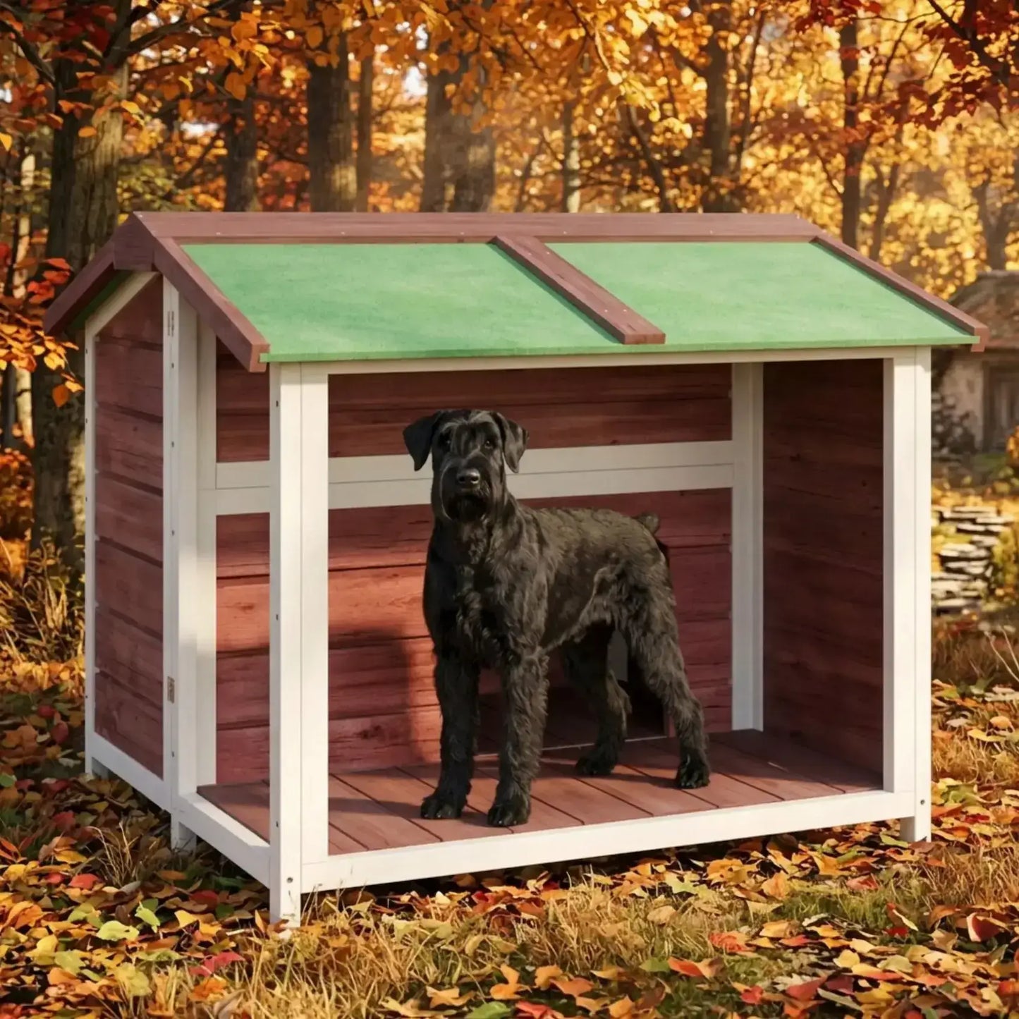 Un schnauzer géant sur le balcon de sa niche pour chien en bois en automne. 