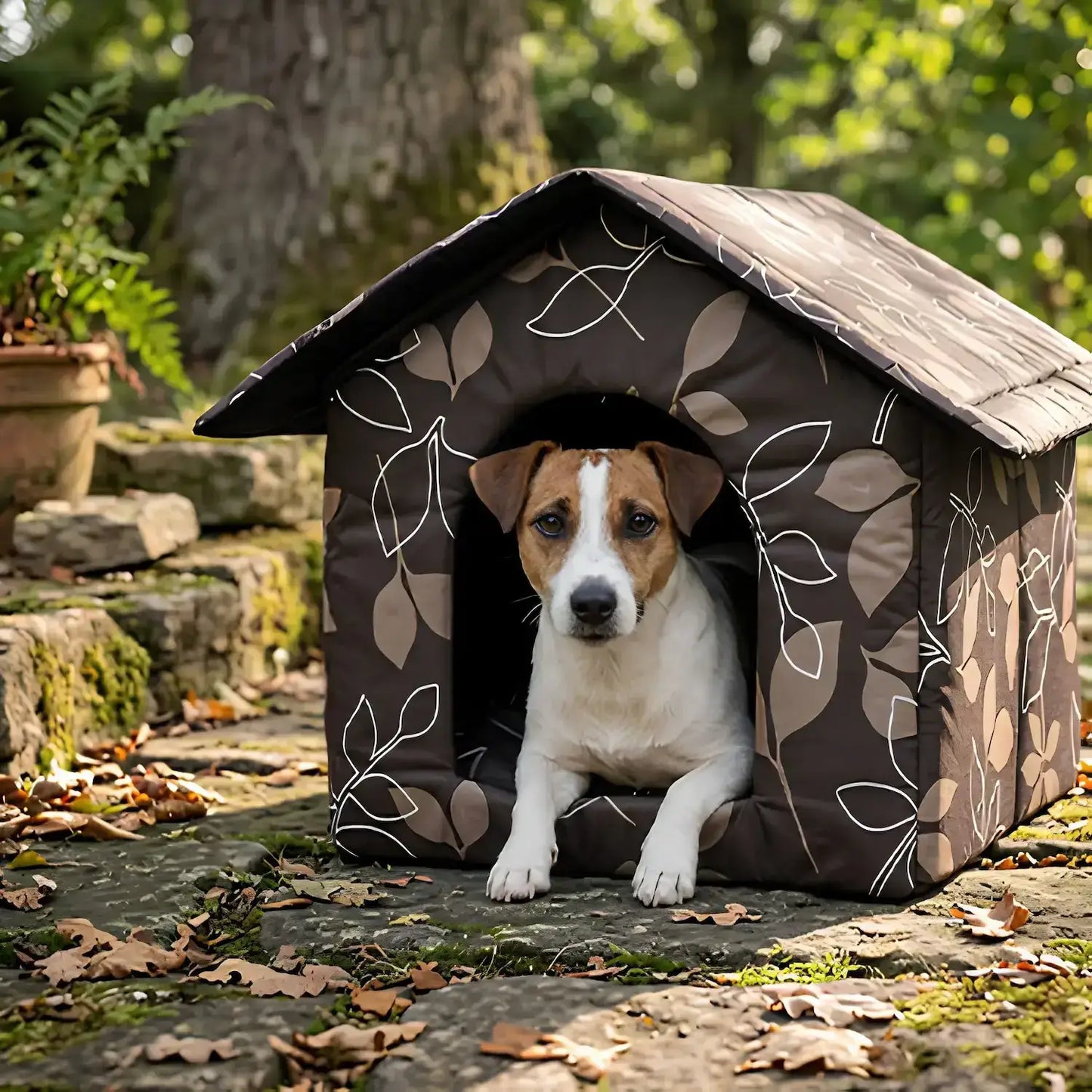 Un jack russel allongé dans sa niche pour chien extérieur marron.