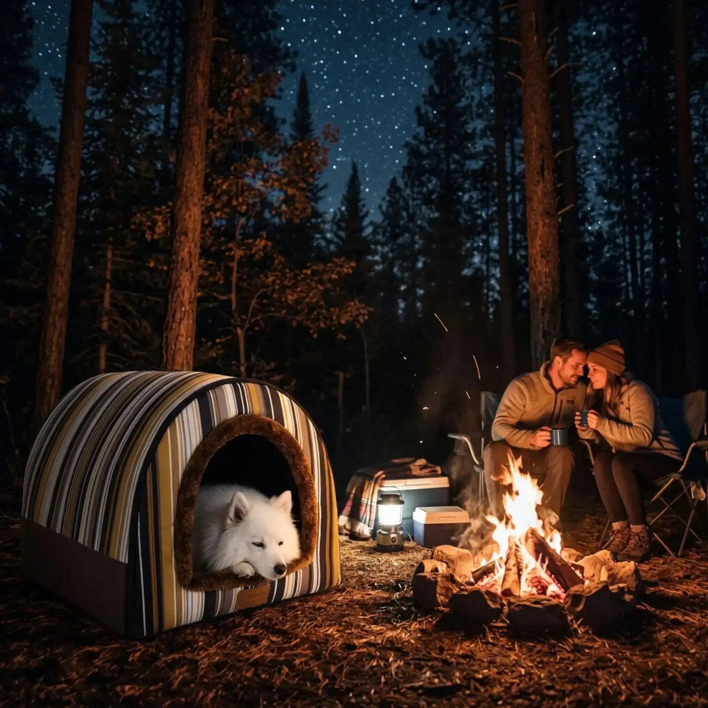 Un couple en camping près du feu avec le spitz japonais dans sa niche d'intérieur pour chien.