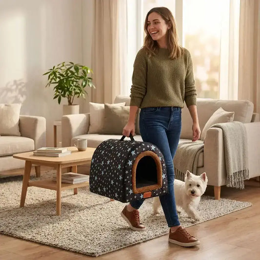 Une femme dans un salon avec son west highland transporte la niche d'intérieur pour chien.