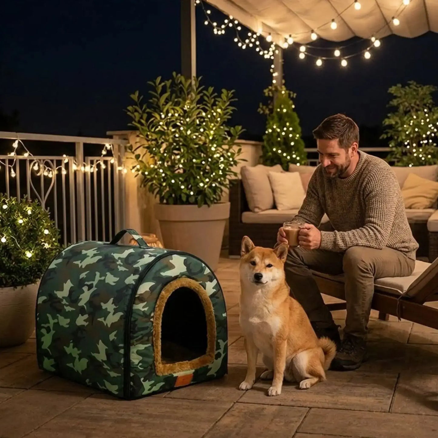 Un homme sur une terrasse avec son shiba inu et une niche d'intérieur pour chien verte camouflage.