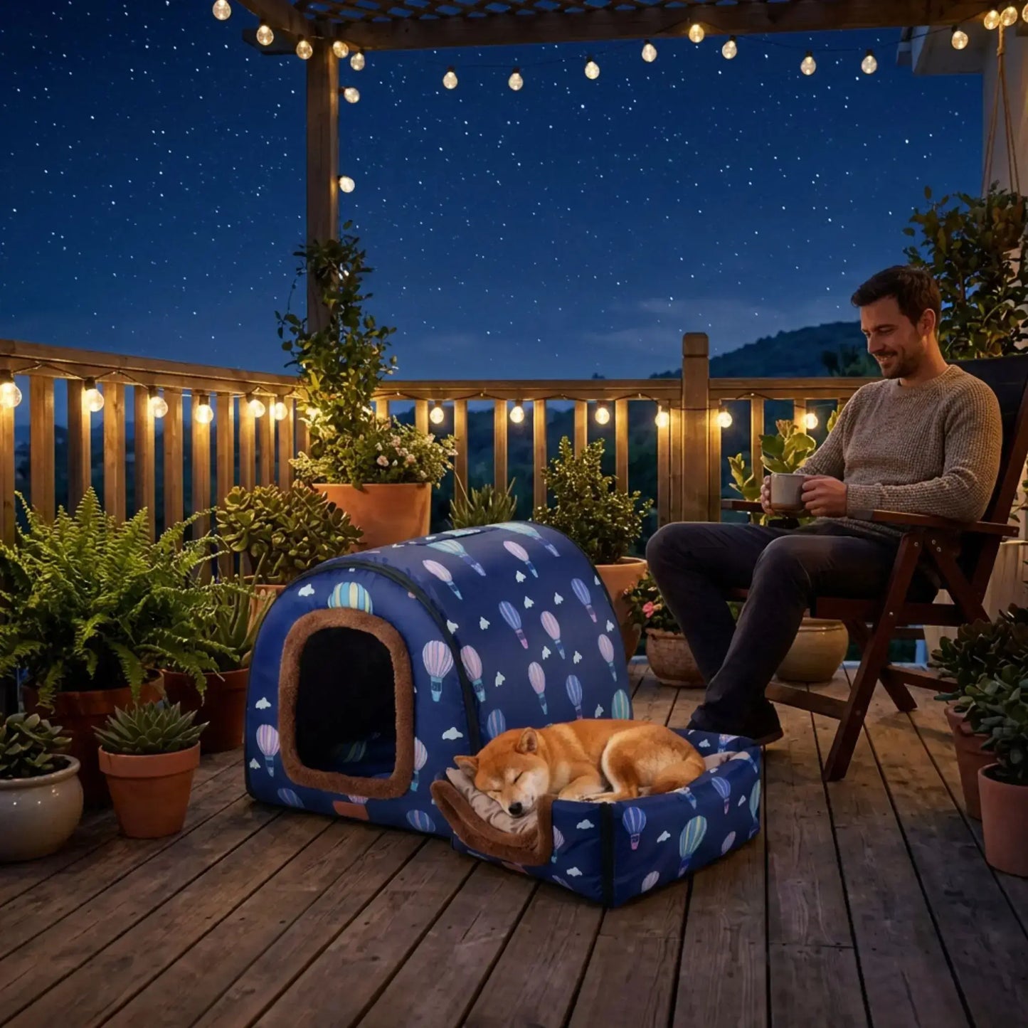 Un homme prend son café sur une terrasse la nuit avec son shiba inu allongé sur la niche d'intérieur pour chien bleue.