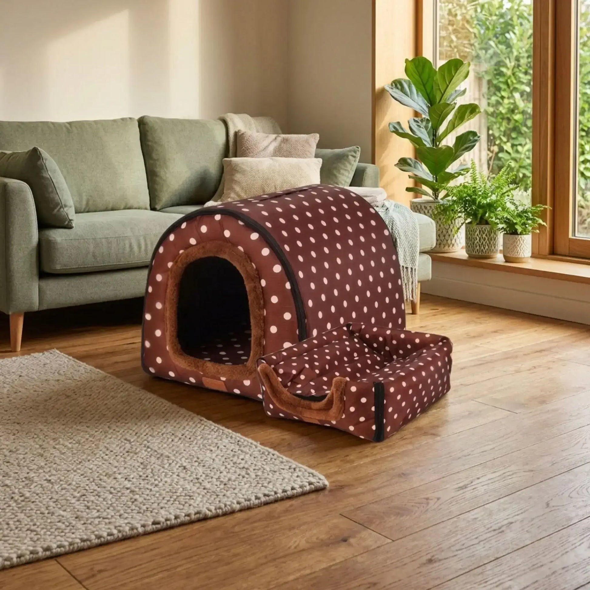 Une niche d'intérieur pour chien marron avec poids dans un salon.