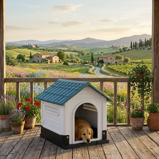 Un golden retriever allongé dans sa niche en plastique pour chien verte sur un balcon en campagne.