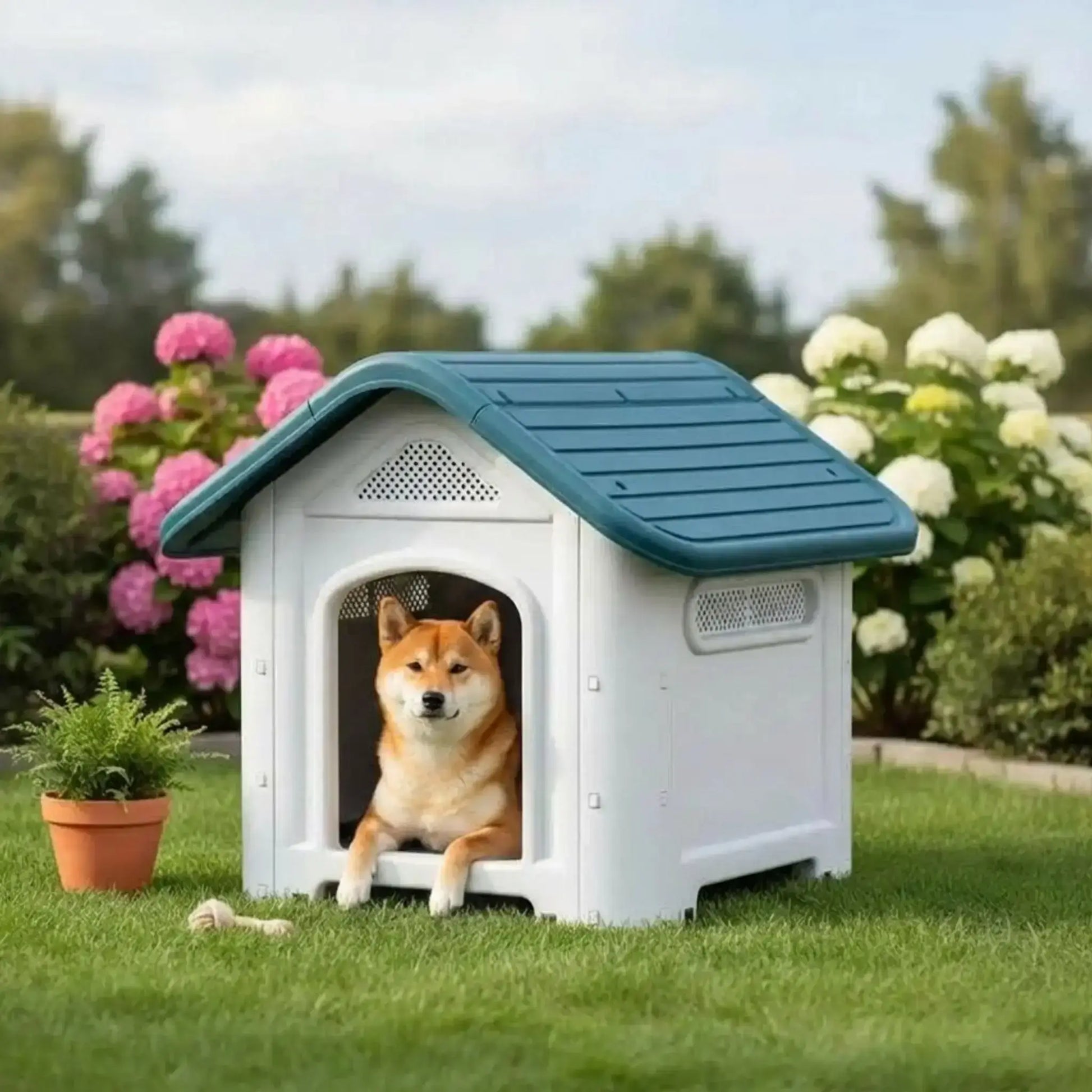 Un shiba inu allongé dans sa niche extérieure pour chien dans une arrière-cour.