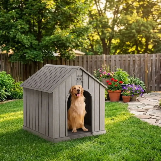 Un golden retriever dans sa niche d'extérieur pour chien dans une arrière-cour.