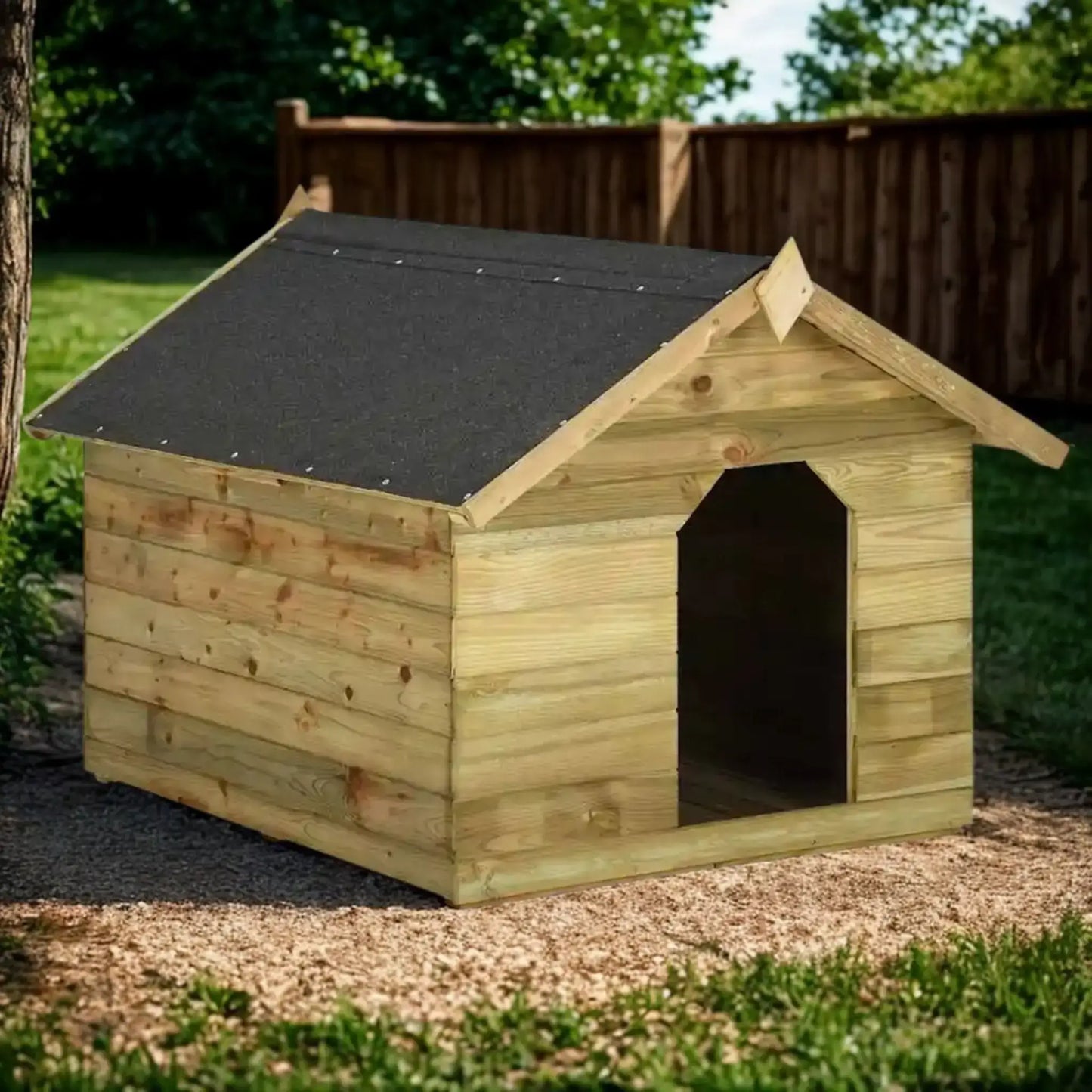 Une niche pour chien marron en bois traitée dans l'arrière-cour.