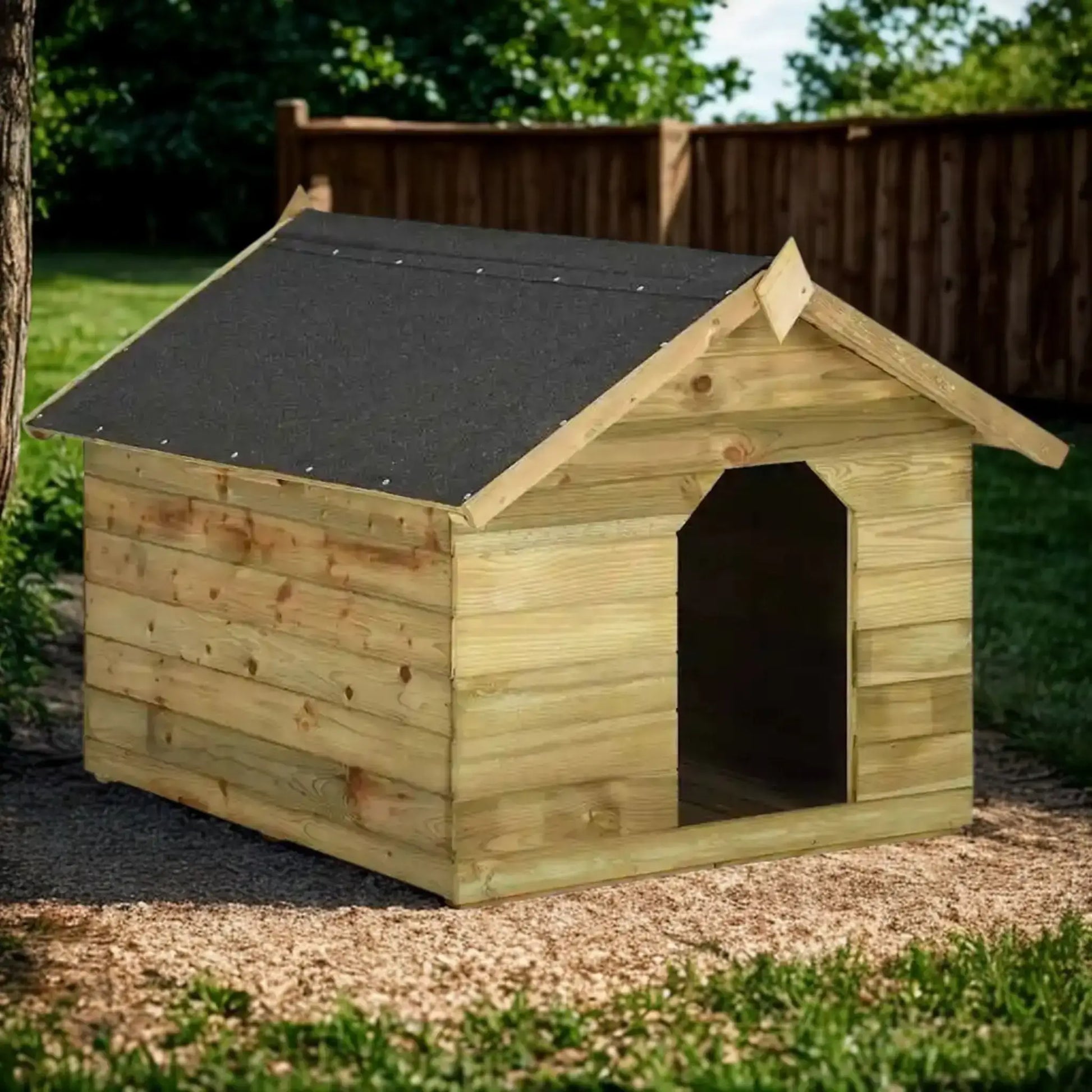 Une niche pour chien marron en bois traitée dans l'arrière-cour.