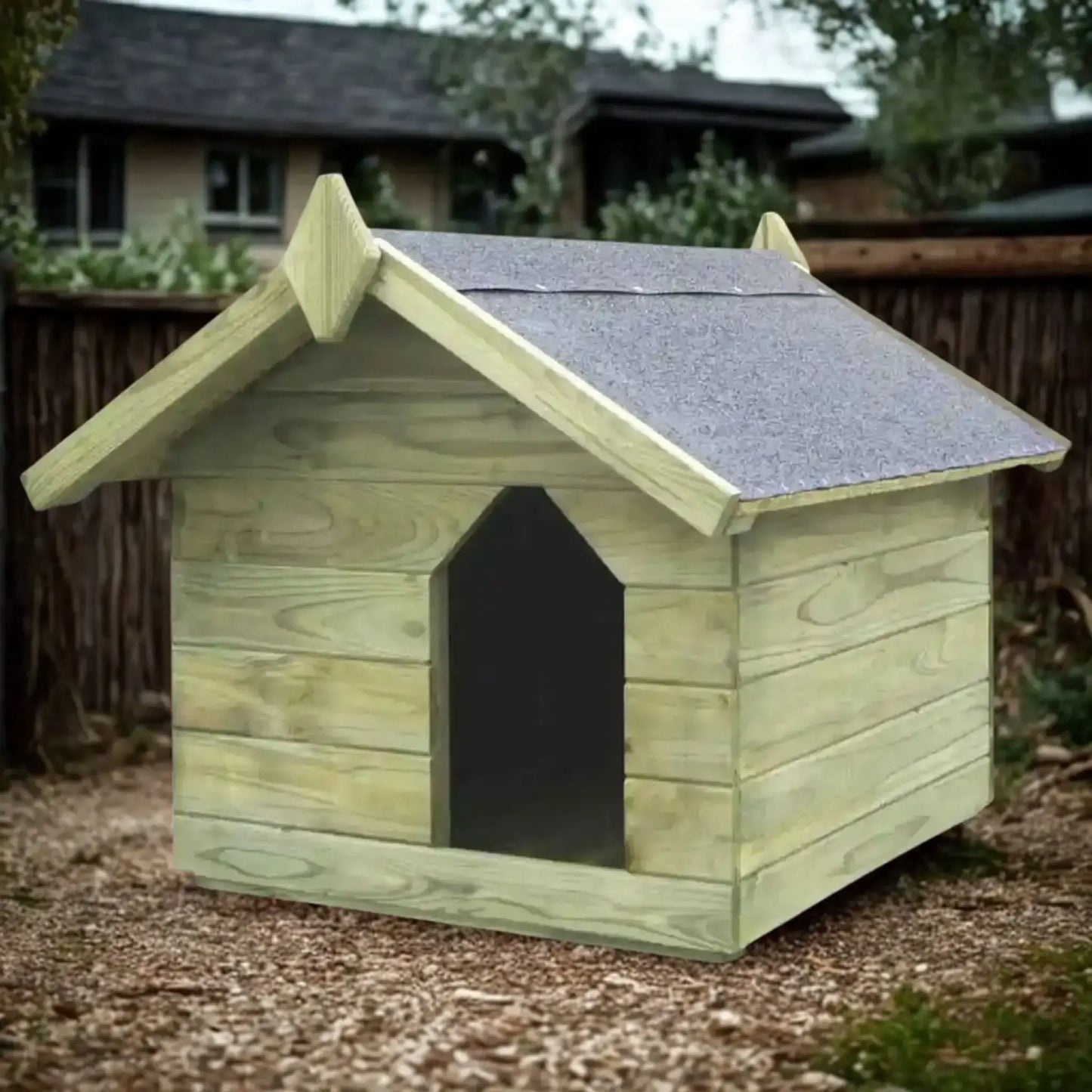 Une petite niche pour chien en bois traité vert dans une arrière-cour.