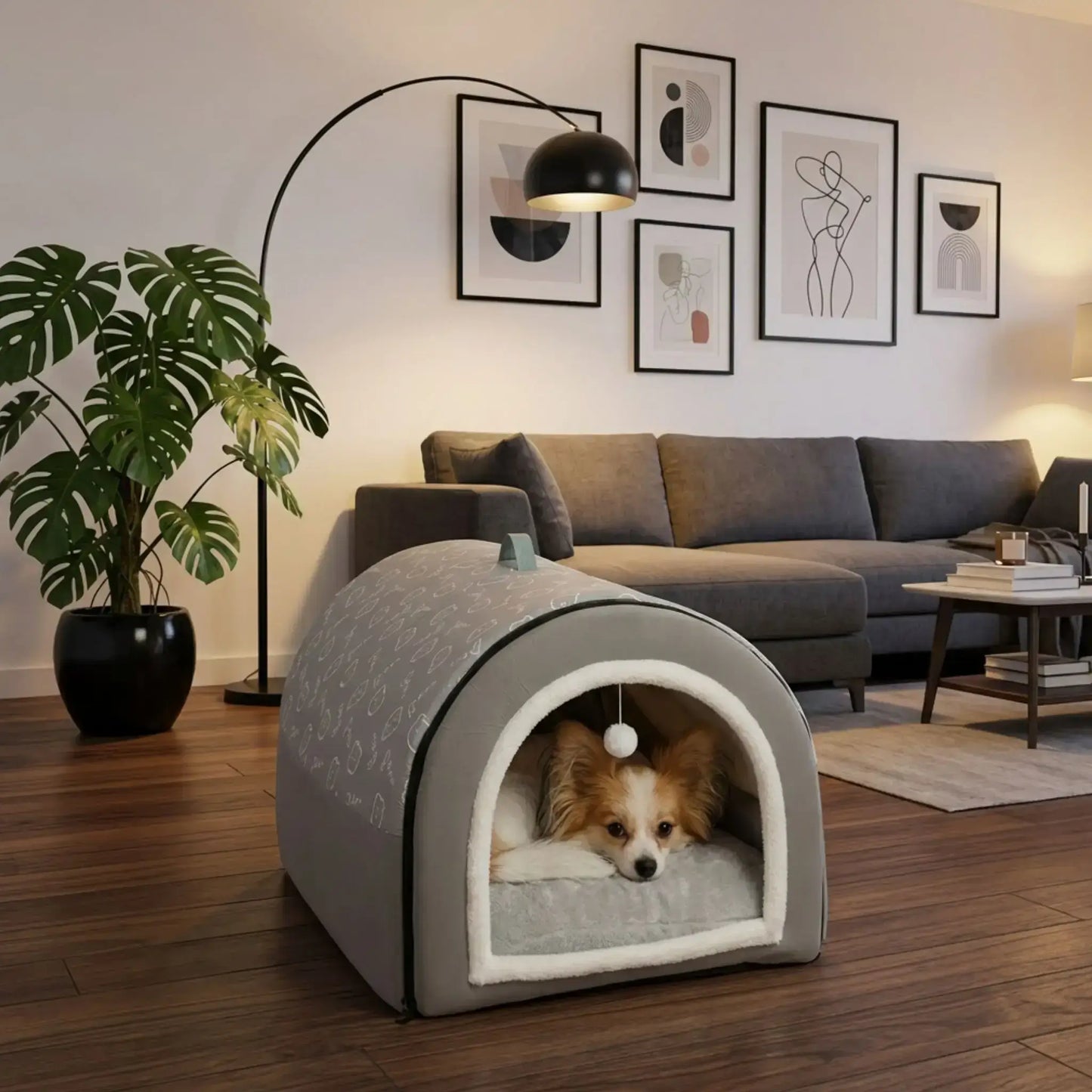 Un chihuahua papillon allongé dans sa niche pour chien grise transportable dans un salon.