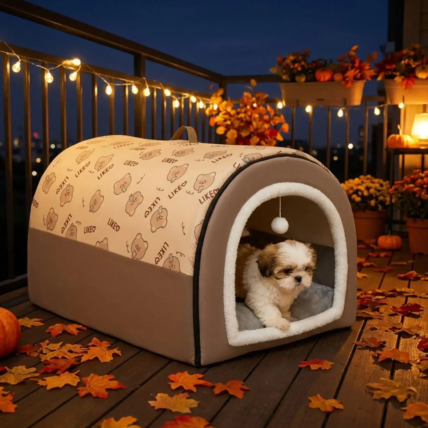 Un shih tzu dans sa niche pour chien transportable sur un balcon en automne.
