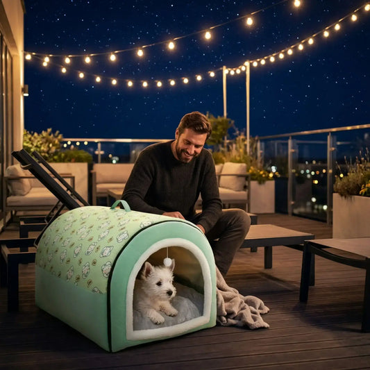 Un homme sur une terrasse avec son west highland allongé dans sa niche pour chien la nuit.