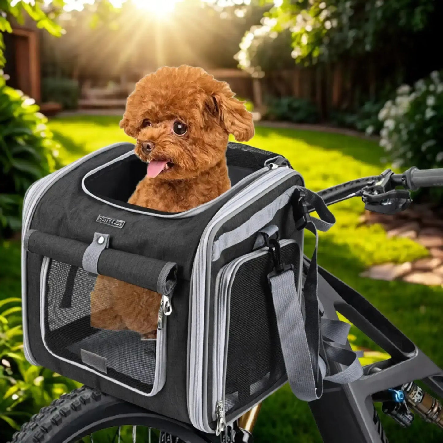 Un caniche brun assis dans un panier pour chien de vélo gris foncé.