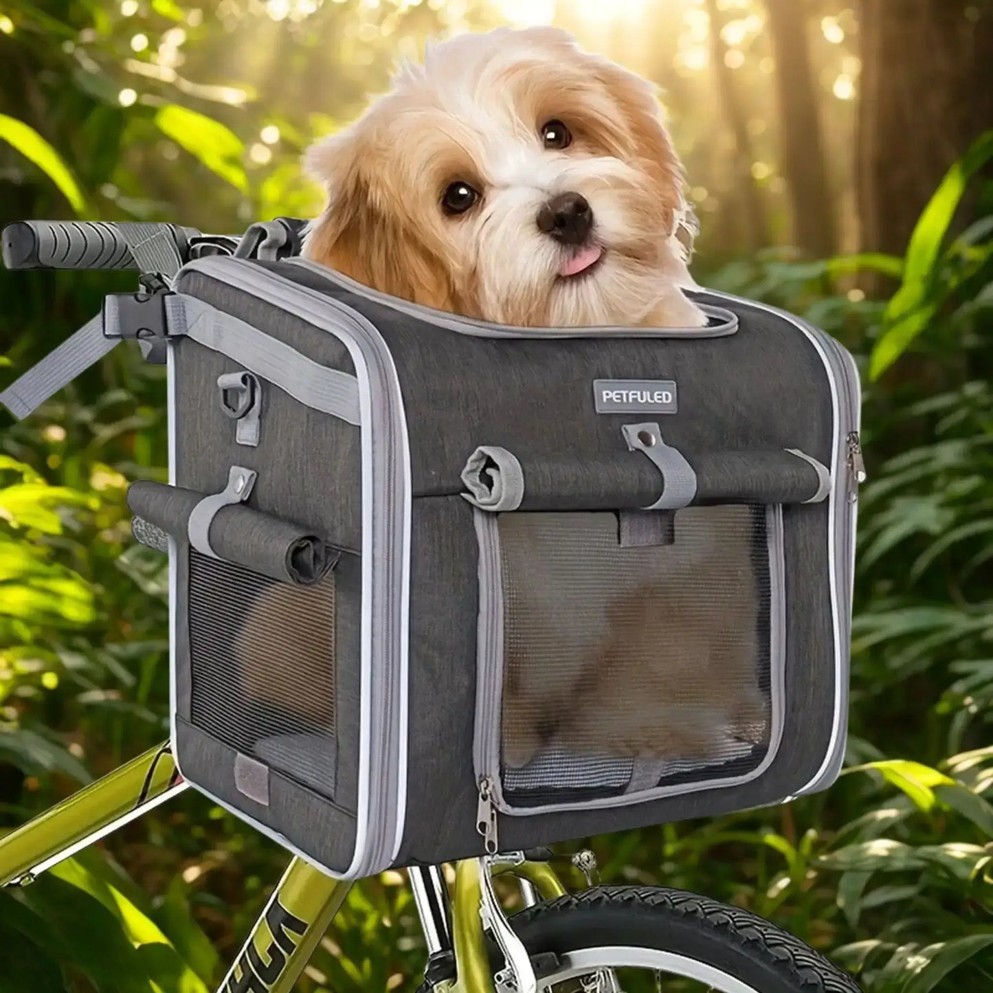 Un shih tzu assis dans un panier pour chien de vélo gris.
