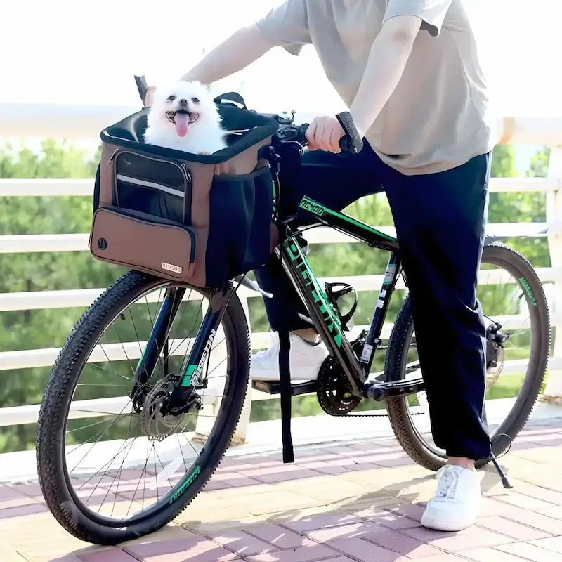 Un spitz japonais nain assis dans un panier pour chien pour vélo marron avec son maître