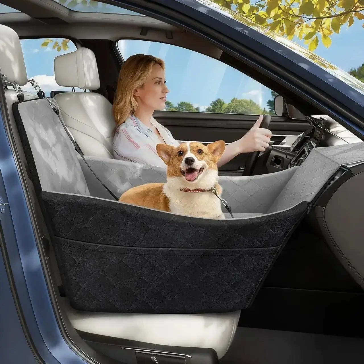Une femme avec son corgi allongé dans le panier de voiture pour chien.