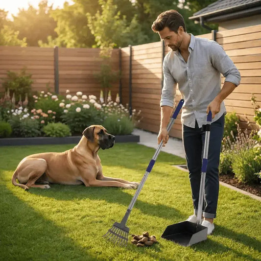 Un homme ramasse les crottes de son grand danois avec la pelle à crottes pour chiens dans son jardin.
