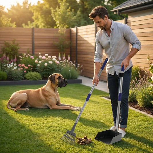 Un homme ramasse les crottes de son grand danois avec la pelle à crottes pour chiens dans son jardin.