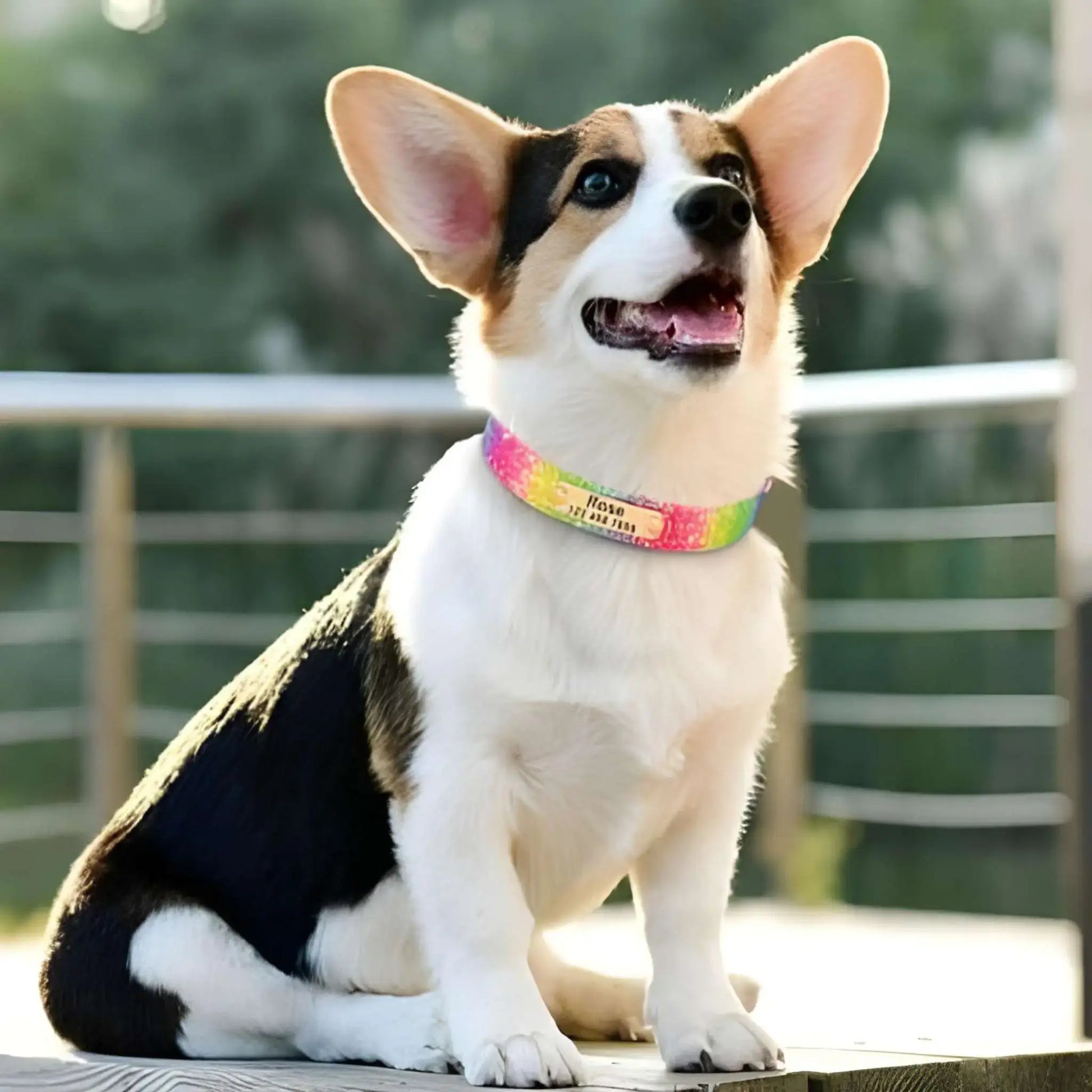 Personnalisation de collier pour chien, un corgi assis sur un balcon porte le collier multicolore.