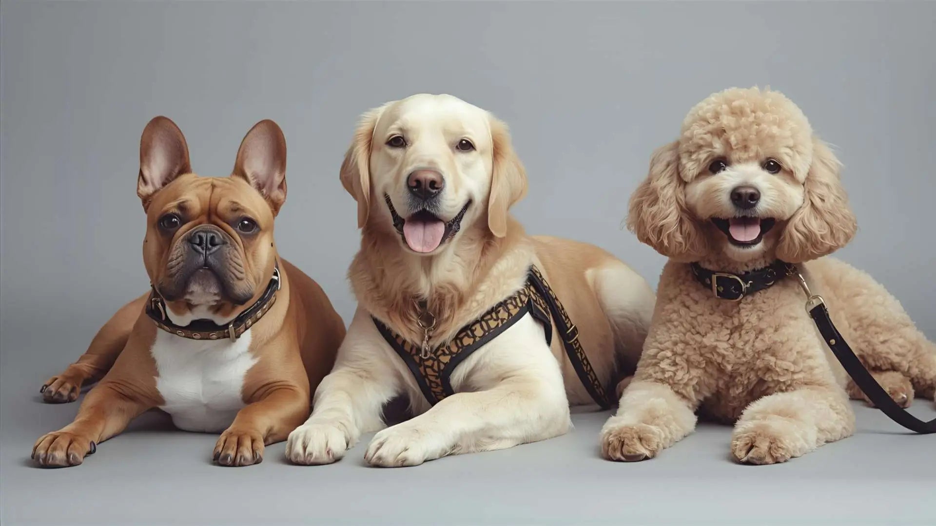 Trois chiens avec des accessoires de promenade pour chien comme collier, harnais et laisse