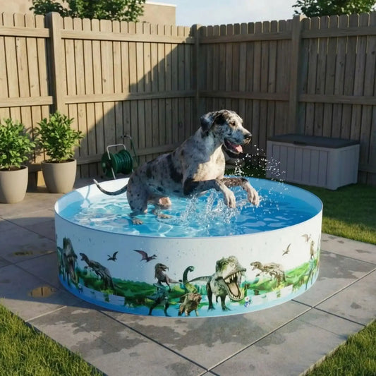 Un grand Danois joue dans une piscine pour chien XXL avec un motif dinosaure dans une arrière-cour.
