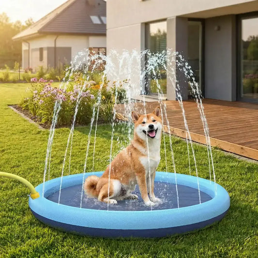 Un shiba inu dans l'arrière-cour joue avec la piscine pour chiens à jet.