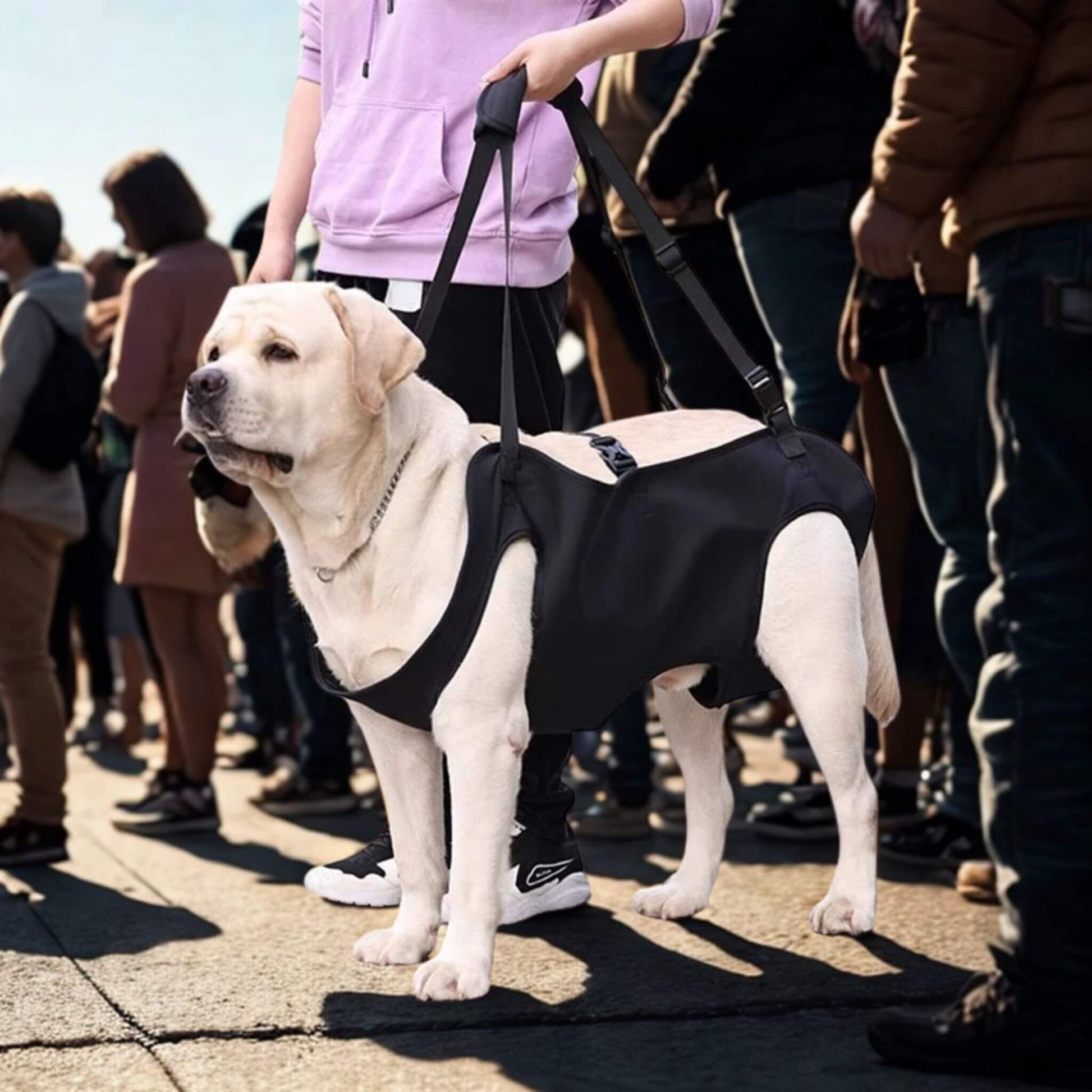 Labrador blanc dans une foule avec son porte-chien tenu par un homme