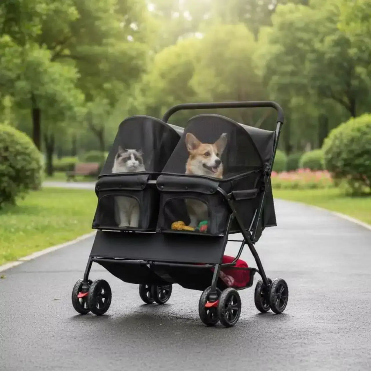 Un corgi et un chat sur une piste cyclable dans une poussette à chien double noire.