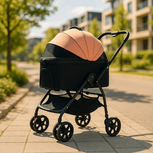 Une poussette chien beige sur un trottoir d'un domaine.