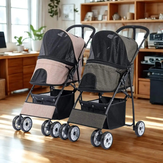 Une poussette beige et une poussette grise dans un bureau sur un plancher de bois.