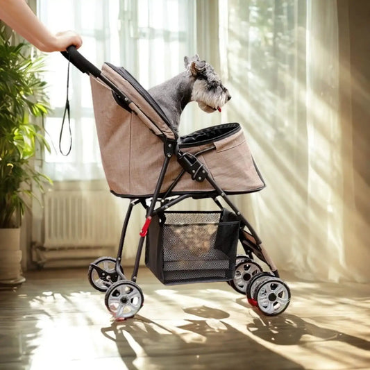 Un schnauzer dans une poussette pour chien beige devant des rideaux dans la maison.