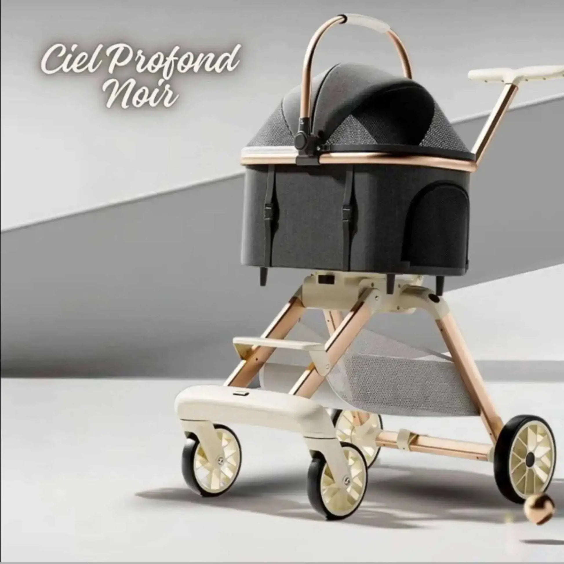 Une poussette pour chien de couleur ciel profond noir.