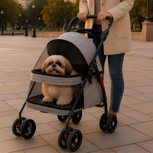 Une femme avec un shih tzu dans une poussette pour chien grise sur un trottoir dans un parc