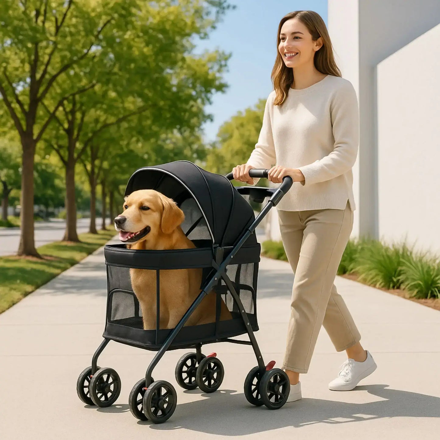 Une femme pousse les poussettes pour chiens avec filet autour PupPilot sur un trottoir avec son labrador à l'intérieur. 