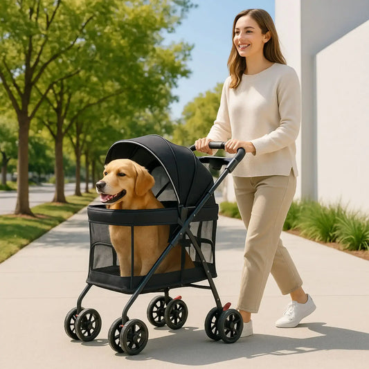 Une femme pousse les poussettes pour chiens avec filet autour PupPilot sur un trottoir avec son labrador à l'intérieur. 