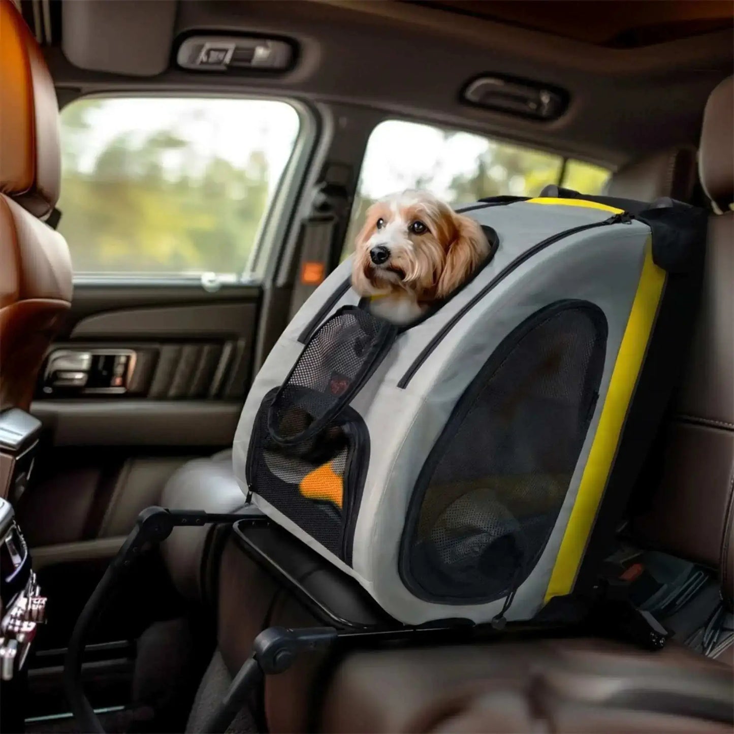 Un croisé shih tzu dans les poussettes pour chiens WoofWagon amovibles sur le siège arrière d'une voiture.